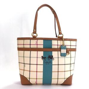 COACH Hampton Tote Heritage Plaid Shoulder Bag Purse LEATHER WHITE CREAM
